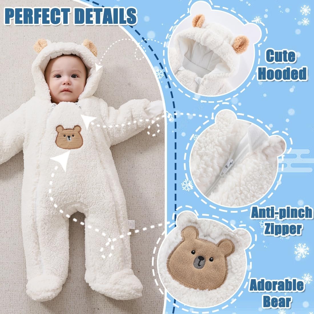 Fairy Baby Newborn Baby Winter Snowsuit Bear Thick Romper Footie Double Zip Hooded Jumpsuit Fleece Coat Infant Boy Girl 0-12M - Image 3