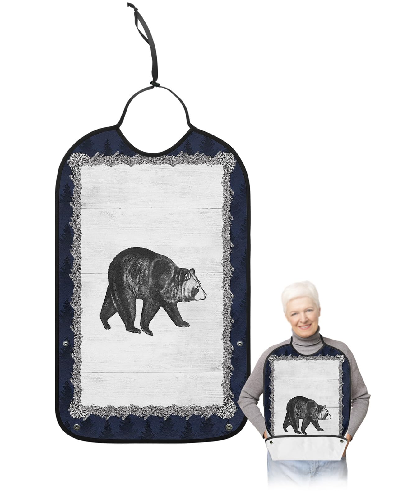 Farmhouse Bear Adult Bibs for Eating, Waterproof Bibs with Food Catcher & Adjustable Snap Closure, Black Animals Silhouette Blue Forest Washable Clothing Protectors Adult Bibs for Elderly Women/Men