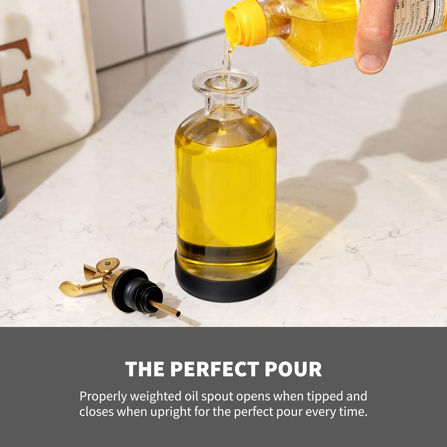 STOVE SHELF Oil and Vinegar Dispenser Set - Oil Dispensers with Silicone Base - Protects the Finish of Your StoveShelf - Glass Bottle with Gold Dispenser - Set of 2
