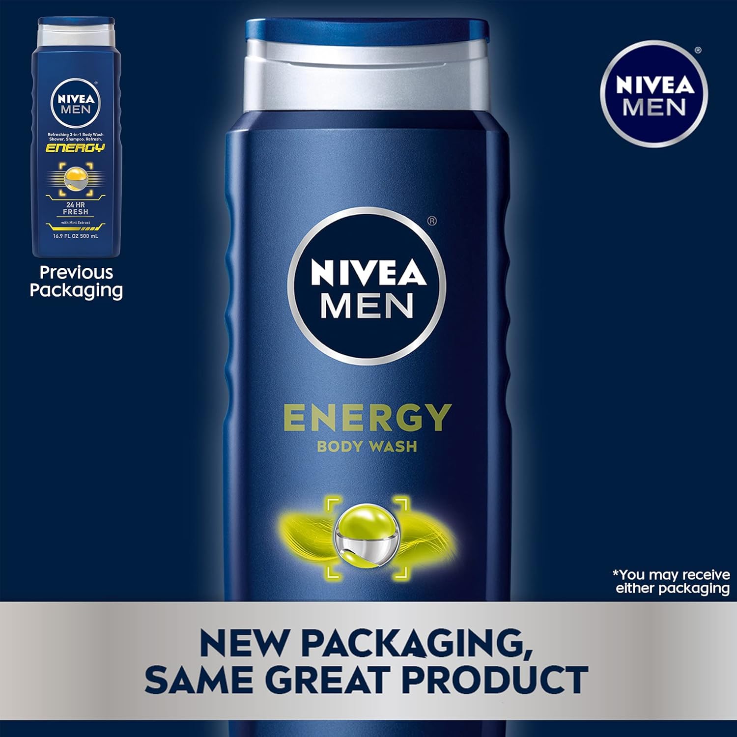 Nivea Men Energy Body Wash with Mint Extract, Cedarwood and Mint Scent, 3-in-1 Men's Body Wash, Face and Hair, Paraben Free, Vegan Formula, 16.9 Fl Oz Bottle, Pack of 3