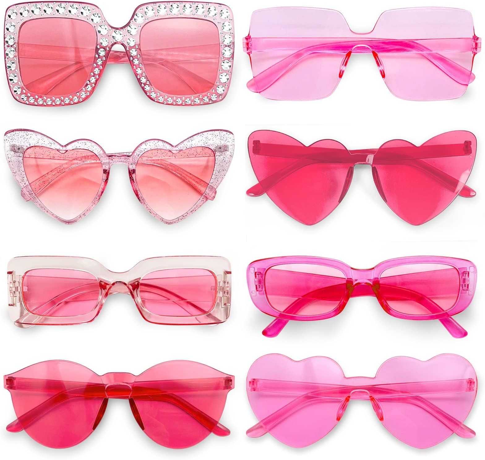 Pibupibu8 Pack Pink Sunglasses for Women Collection Trendy Cute Costume Accessories Eyewear Set (Transparent/Solid/Mix)