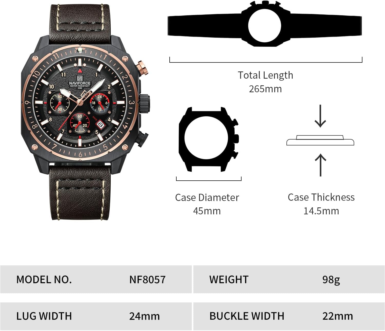 NAVIFORCE Men's Fashion Sport Watches Military Square Big Face Waterproof Chronograph Wristwatch with Luminous Hands,Leather Strap