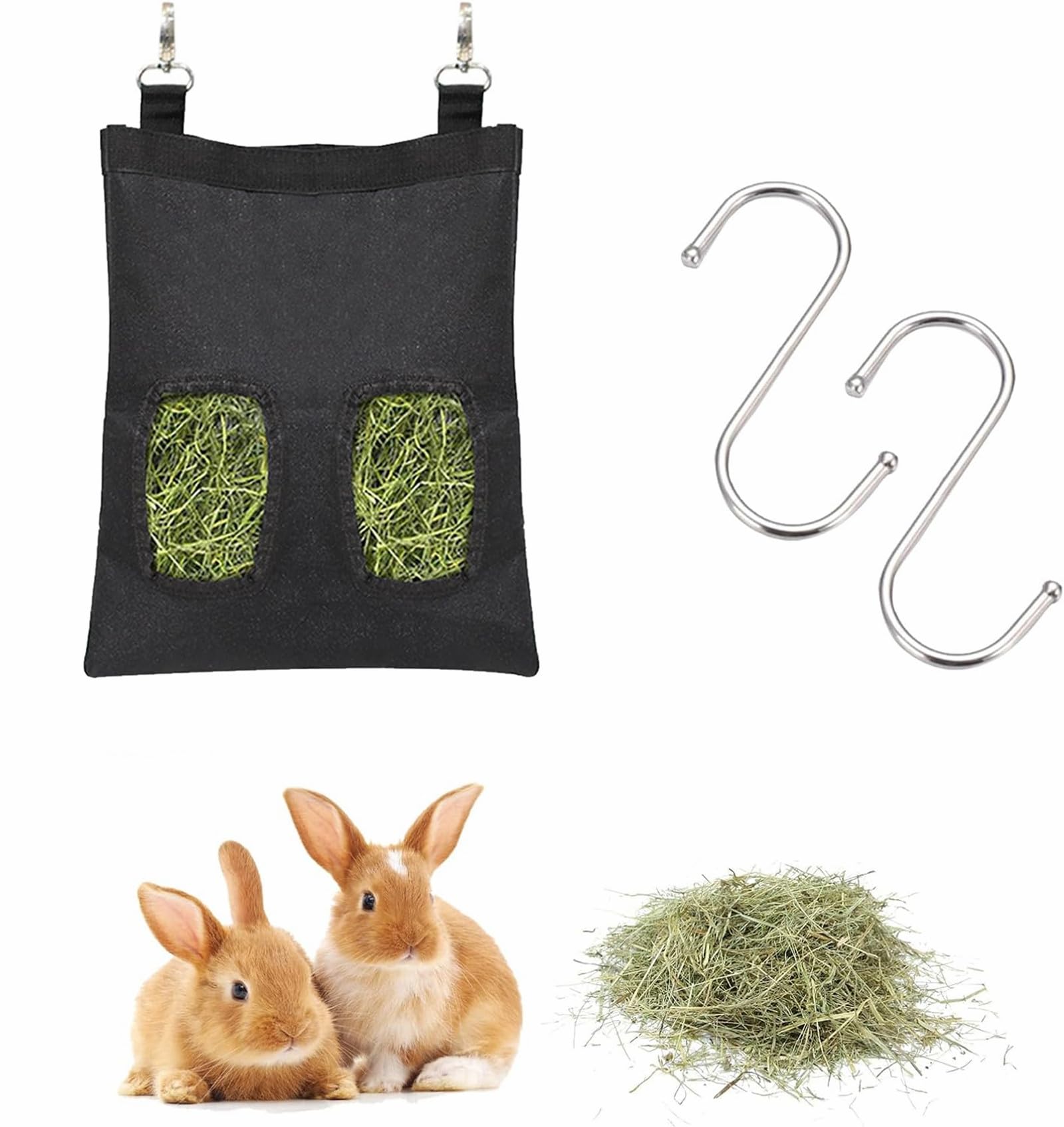 Alimentador de Conejo, Bolsa de Comedero de heno de Conejo, Comedero de Alimentación de Animales Pequeños, Alimentador de Heno de Conejo, Bolsa de Heno de Conejo, con Gancho en S, Negro