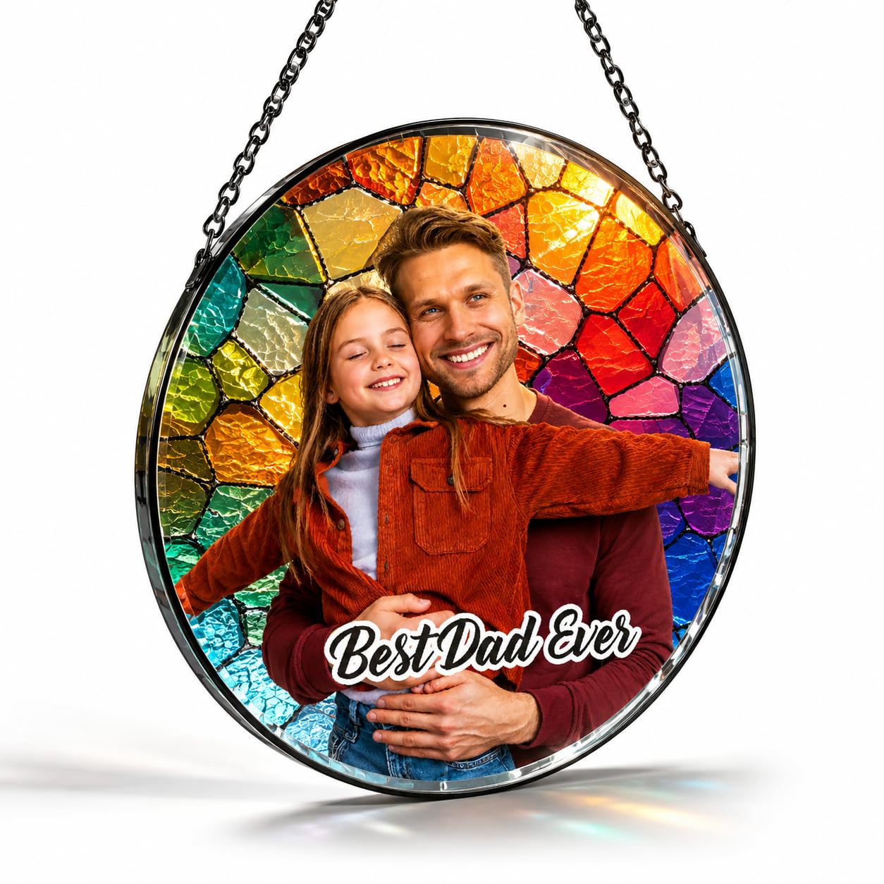 Personalised Stained Glass Suncatcher for Dad, Custom Photo Family Window Hanging Decor, for Dad Grandad Men, Custom Picture Glass Sun Catcher with Text