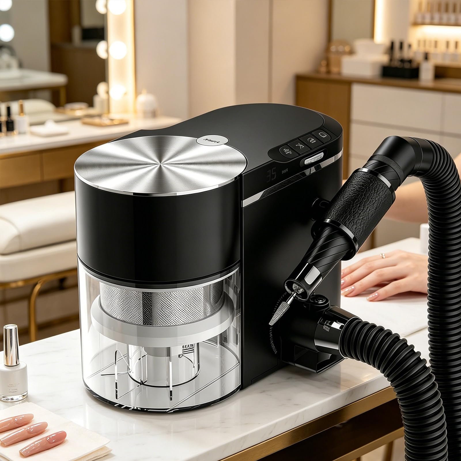 Sunseota Professional Nail Drill and Dust Collector 2-in-1, Electric Nail File Polisher with Vacuum Suction, 30000 RPM Brushless Motor, ≤68dB Ultra Quiet, Extension Hose Black