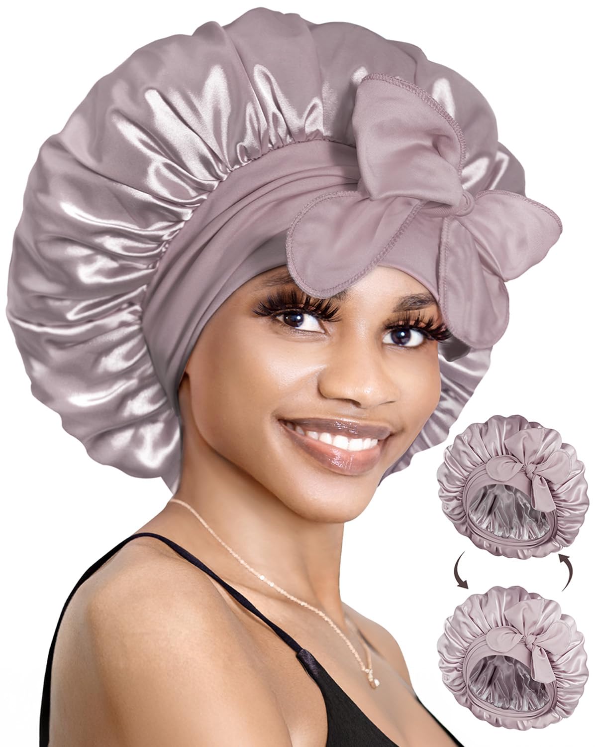 BONNET QUEEN Silk Bonnet for Sleeping Satin Bonnet with Tie Hair Wrap Double Layer Sleep Cap for Women Curly Hair, Grey Purple