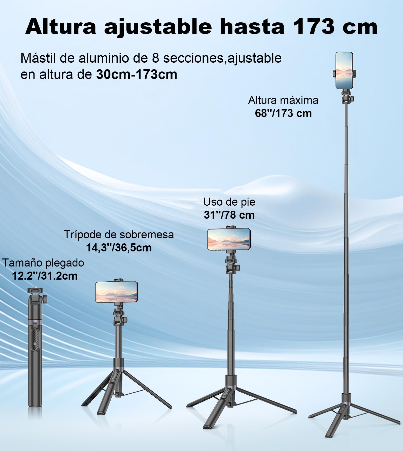 173cm Palo Selfie Tripode para Movil para Cámara Acción,Todo-En-1 Trípode Teléfono con Mando,Soporte de Iluminación Extensible de Aleación de Aluminio con Rosca de 1/4"&Montura para Zapata Fría-Nergo
