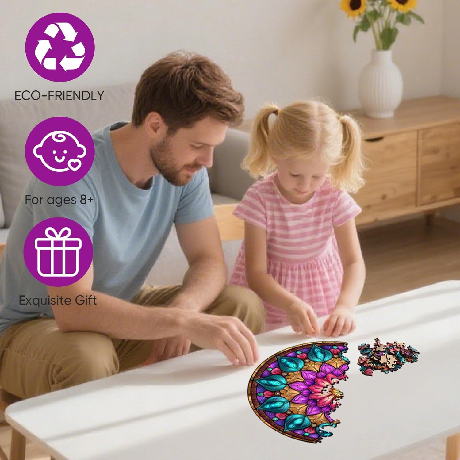 Mocfesk 500 Pieces Mandala Jigsaw Puzzles, Geometric Wooden Puzzles for Adults and Kids, Colorful Mandala Puzzles for Grandparents, Family Decor with Exquisite Wooden Box Packaging 16.5'' x 16.5''
