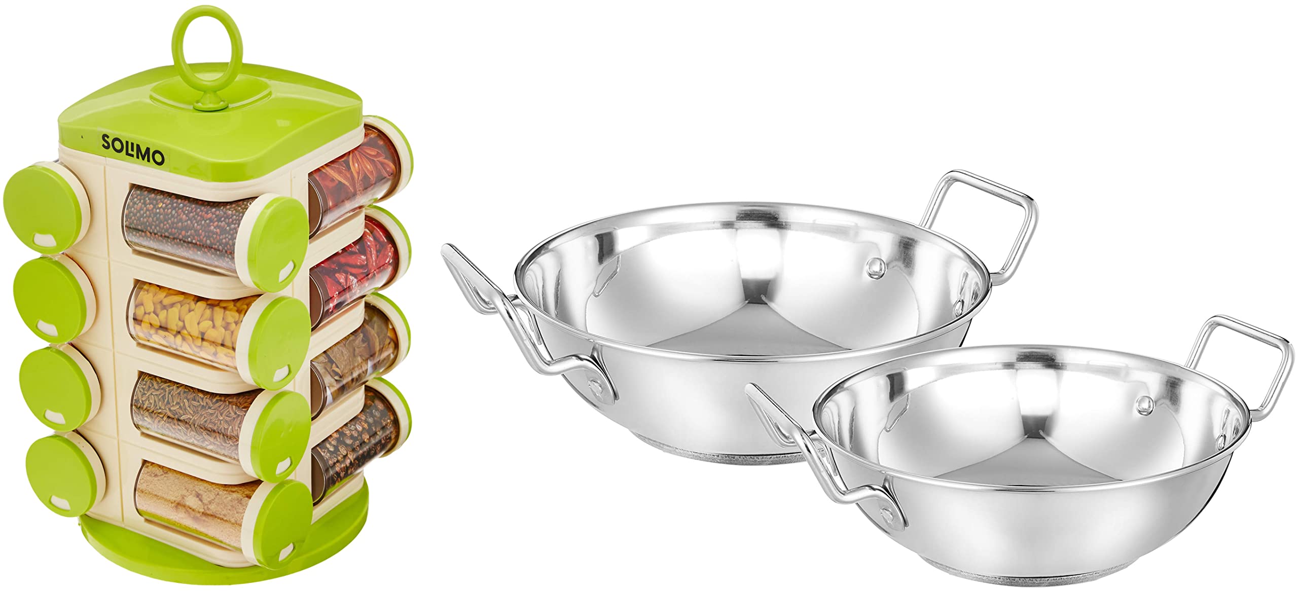 Amazon Brand - Solimo Stainless Steel Induction Bottom Kadhai Set Size 22 cm, 27 cm (2 Pieces, 2 Liters, and 3.6 Liters) & Revolving Plastic Spice Rack Set (16 Pieces) (B0BB6K9BTX) Amazon Price History, Amazon Price Tracker