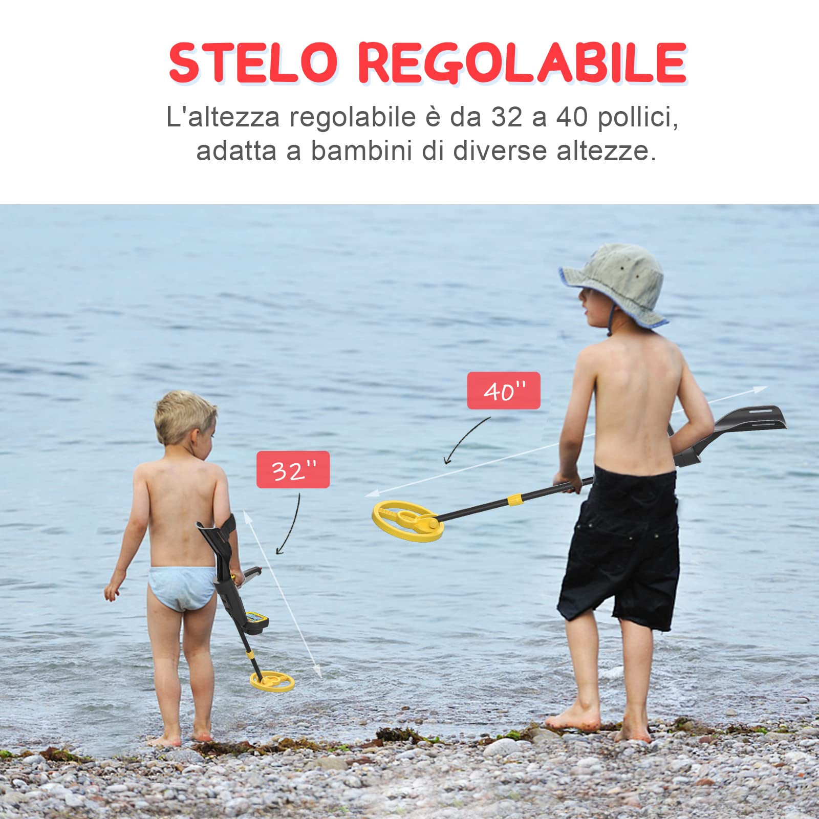 Rivelatore di metallo per bambini, impermeabile, con paletta per bambini, bobina di ricerca da 7,5" con display LCD