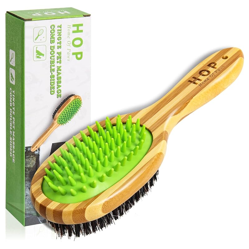 Escova para Cães de Pelo Curto 2 em 1 com Silicone, Cerdas de Javali e Cabo de Bambu HOP Home of Paws