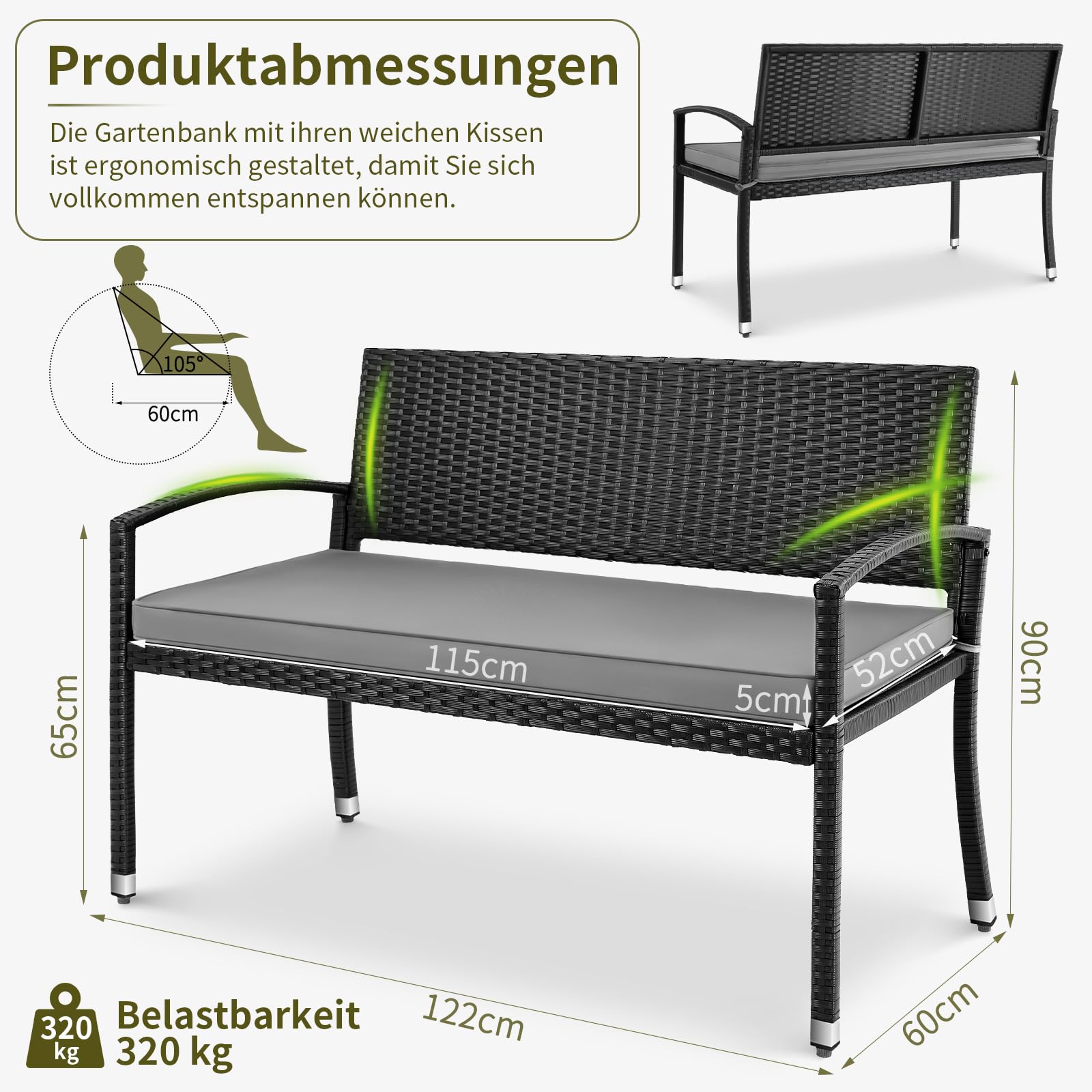 LIFERUN Gartenbank Wetterfest mit Sitzkissen, 2 Sitzer Polyrattan Sitzbank, 320kg Belastbar, Gemütliche Gartenmöbel Bank Outdoor, 122x60x90cm, Balkonbank für Kleinen Balkon, Garten, Terrasse, Schwarz