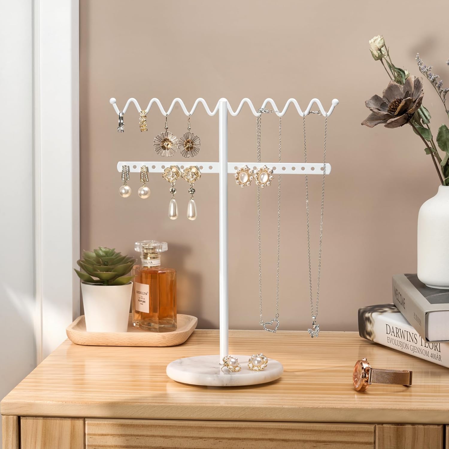 Jewelry Stand Necklace Holder, White Metal Jewelry Organizer with Wavy Necklace and Earring Holder, Marble Base for Stability, Home Decor for Bedroom or Vanity - Image 3