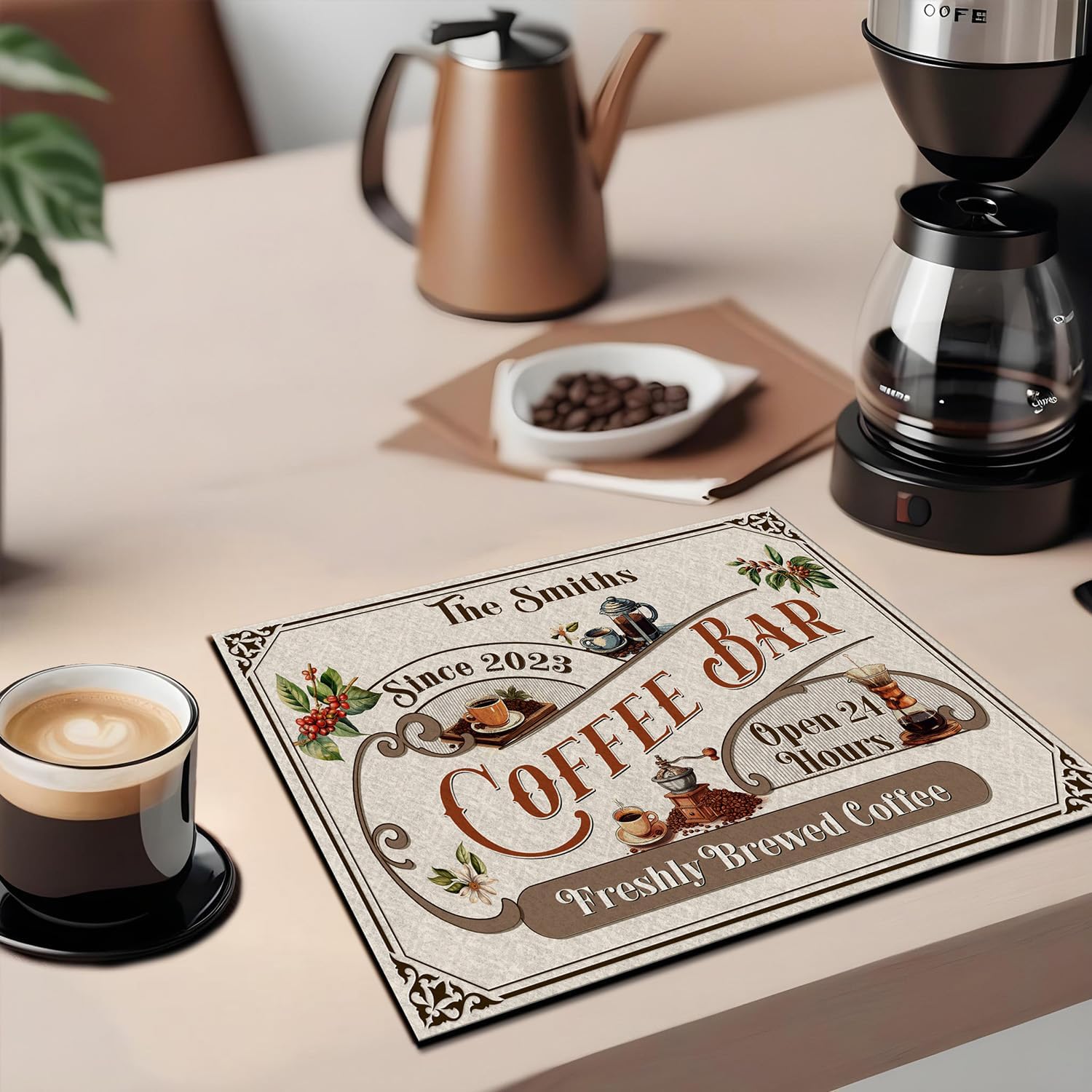 THUYPT Personalized Coffee Bar Mat for Countertops, Coffee Station Dish Drying Mat, Coffee Bar Accessories with Coffee Cup Pattern for Kitchen, Absorbent Coffee Decorations (12)