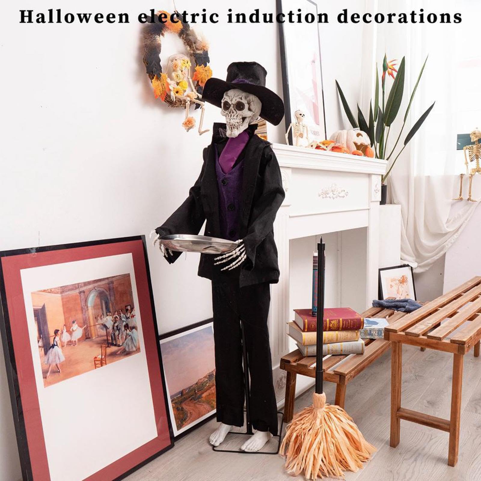 Statua di Halloween Scheletro Fantasma Ornamento Occhi Luminanti Sensore Audio Materiale Pp Facile Attivazione Manuale Adatta per Feste Casa