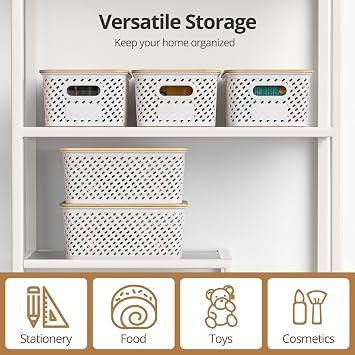 Plastic Storage Baskets With Bamboo Lid, Stackable Plastic Storage Boxes for Organizing Pantry Shelves Drawers Desktop Closet Playroom Classroom Office, 6 Pack (White)