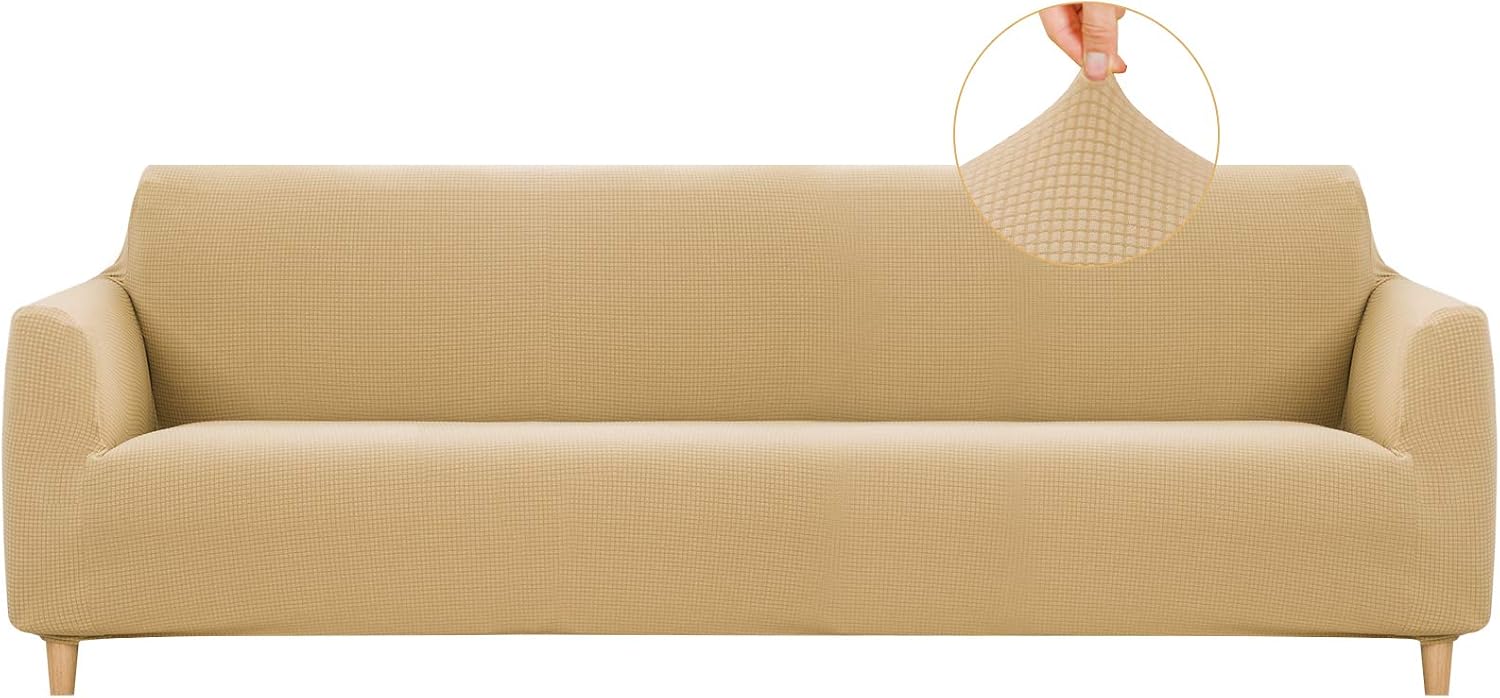 RECYCO Couch Cover Extra Large Sofa Covers Oversized Pet Dog Cat 1-Piece Stretch Fit Slipcover Furniture Protector Non Slip Spandex Jacquard Fabric Small Checks（L, Tan）