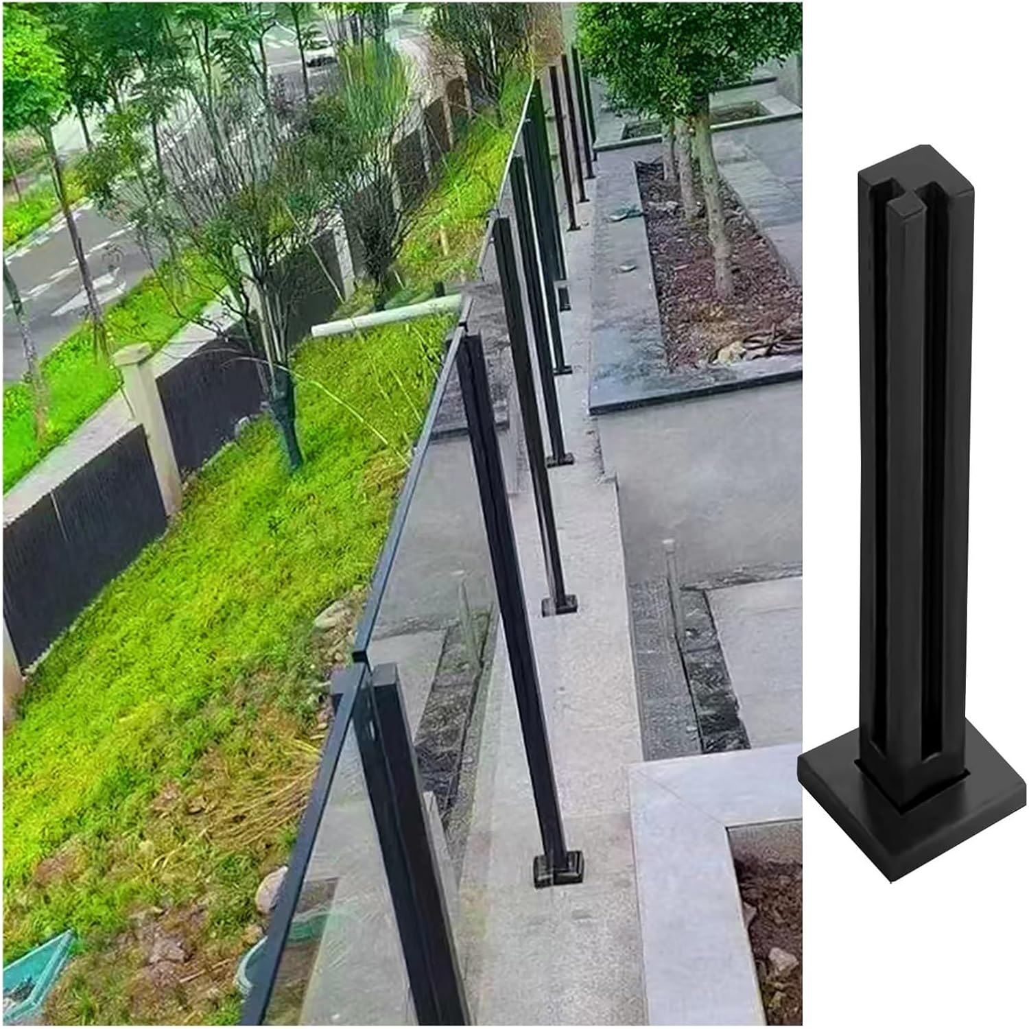 Matte Black Stainless Steel Glass Railing Post, Outdoor Balcony/Porch Windproof Fencing Column for 3/8" or 1/2" Glass, Floor Mount Stairway Guardrail Balustrade, Durable