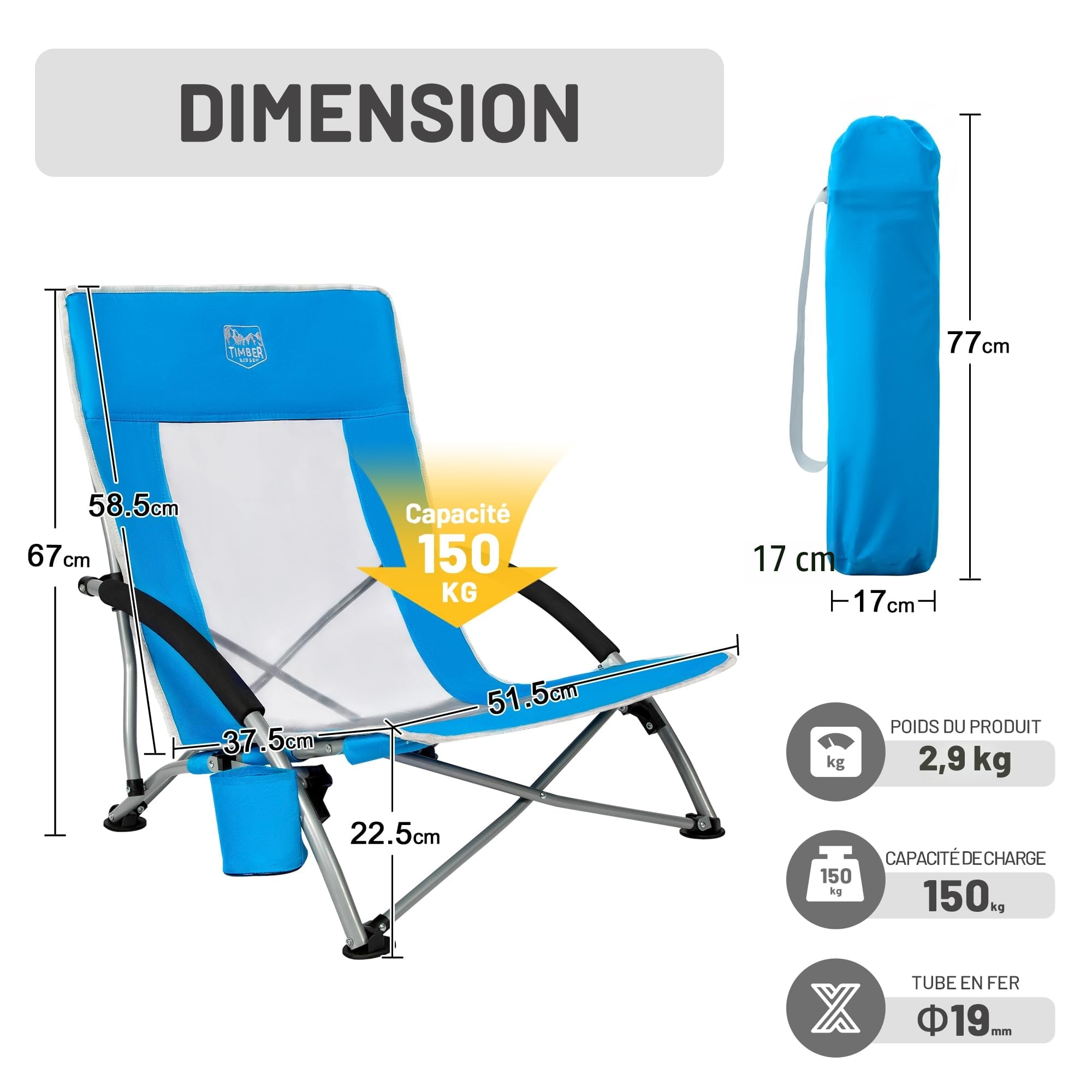 TIMBER RIDGE Chaise de Plage Pliable Portable Fauteuil de Camping Bas Dossier Haut en Maille Ultraléger avec Sac de Transport Bleu (1 Pc)