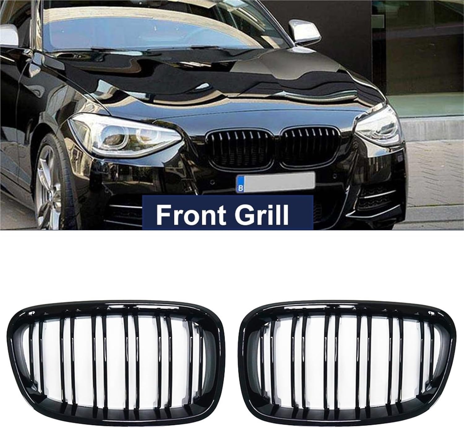 Front Kidney Grille Compatible with BMW 1 Series F20 F21 2011 2012 2013 2014 Double Slat Line Gloss Matte Black Racing Grill(Matte Black)