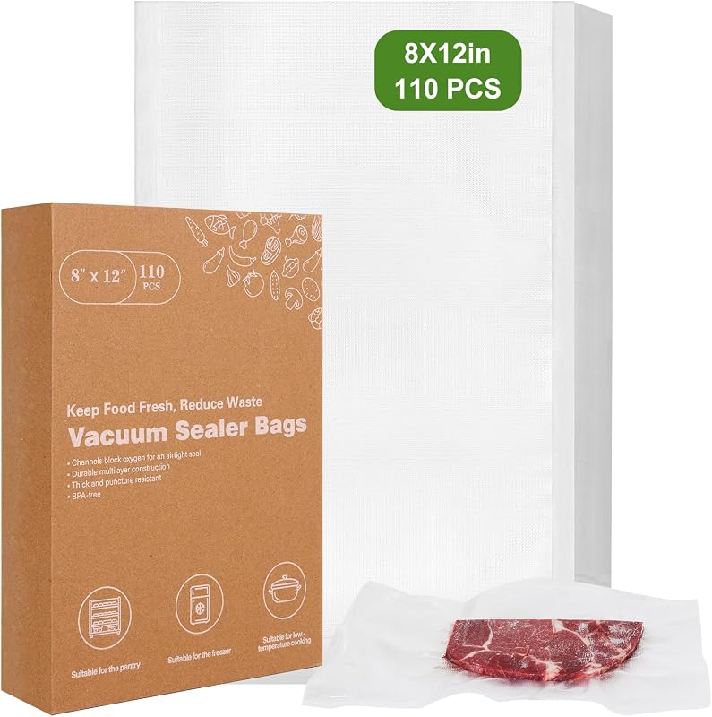 Bolsas selladoras al vacío para almacenamiento de alimentos, bolsas selladas al vacío de 8" x 12", 110 unidades | Bolsas resistentes a pinchazos sin BPA en relieve de 3Mil, ajuste universal para Sous Vide, preparación de comidas, almacenamiento en congelador y conservación de alimentos