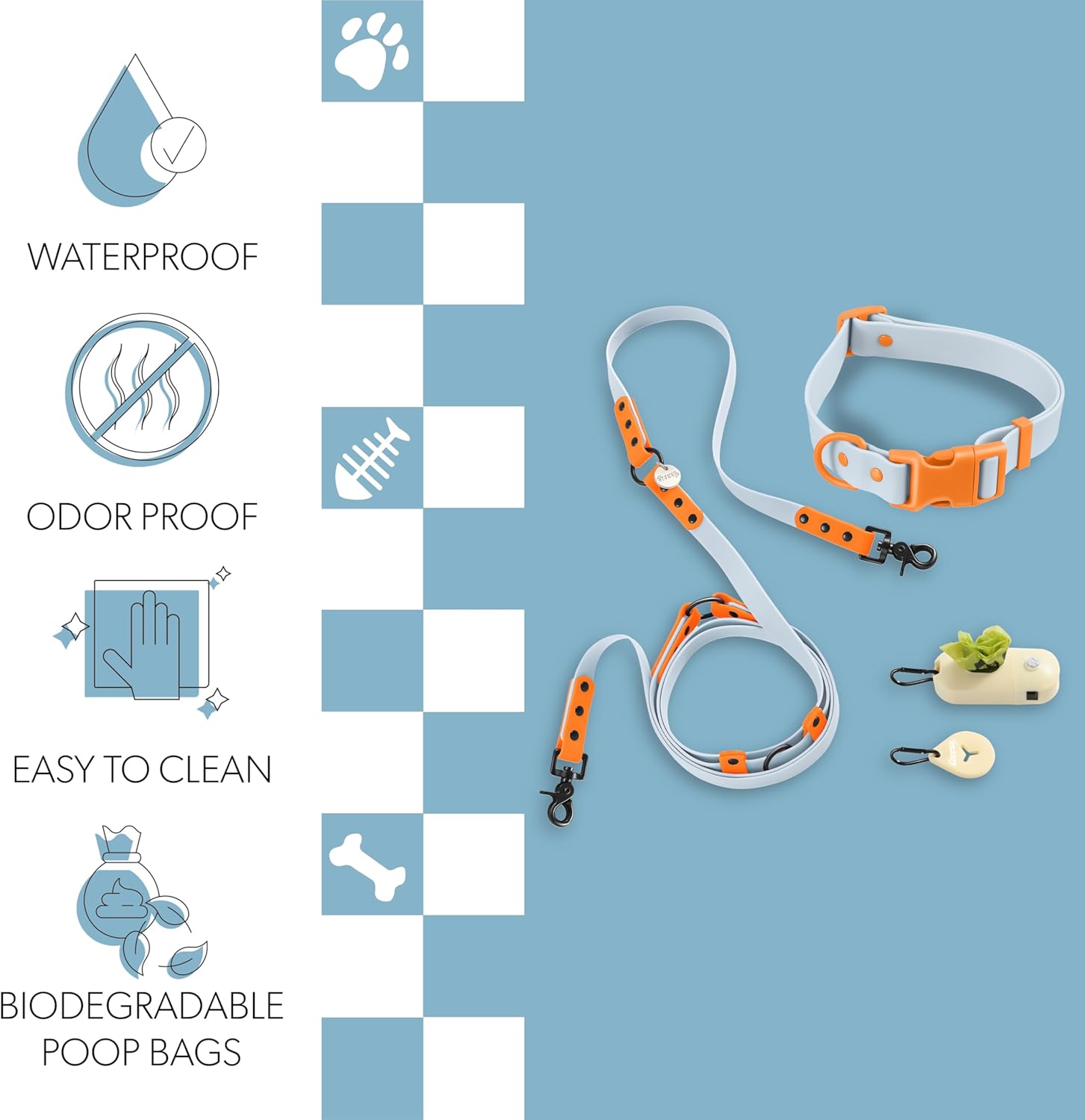 WLK1006D-5SET Luna Large 8FT Adjustable 6-in-1 Waterproof Hands-Free Leash and Collar with LED Flashlight, Bag Dispenser, and Poop Bag Holder, Fishbowl