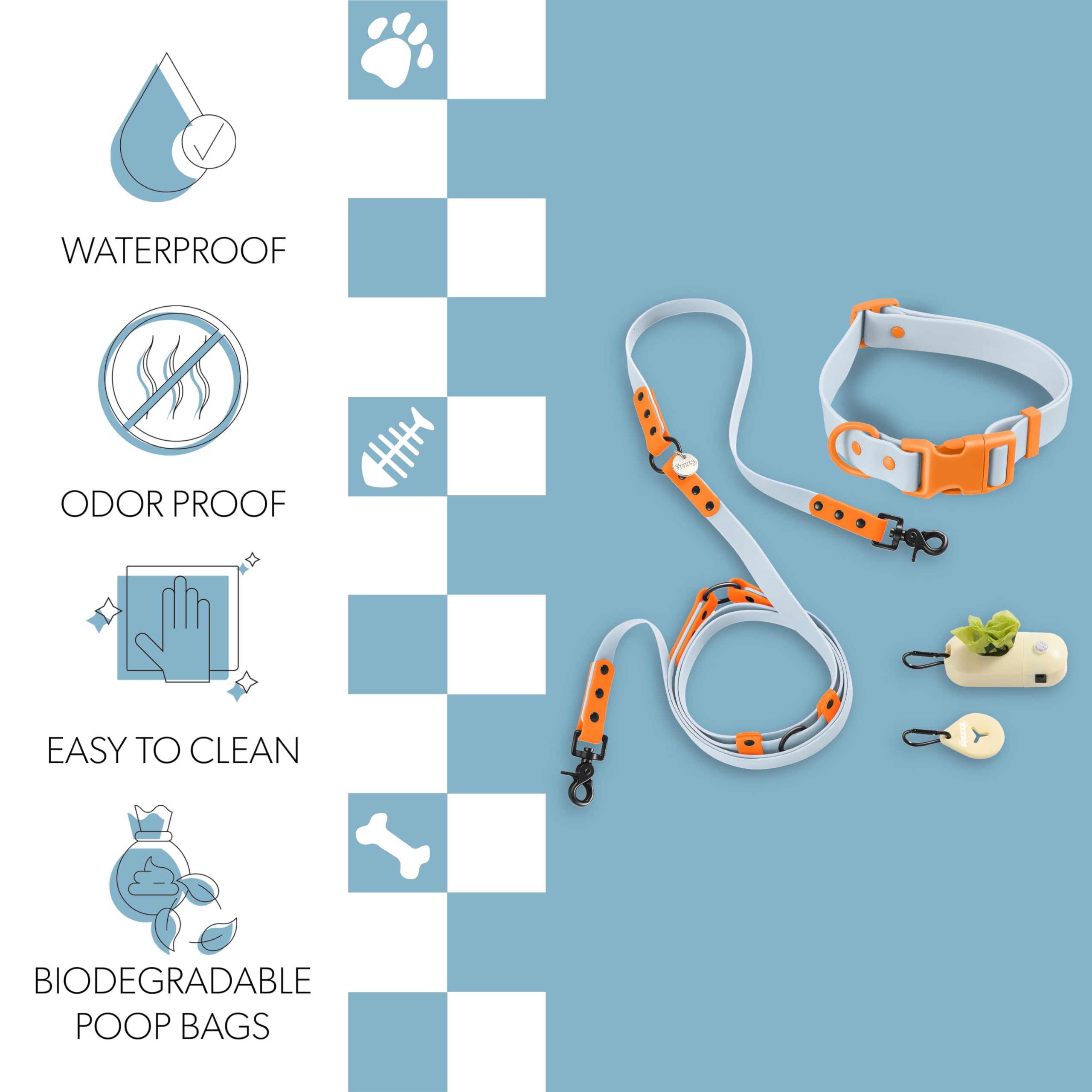 Luna WLK1006D-5SET Laisse et collier mains libres réglables 6 en 1 avec lampe de poche LED, distributeur de sacs et support pour sac à déjections canines, bol à poissons Taille L 2,4