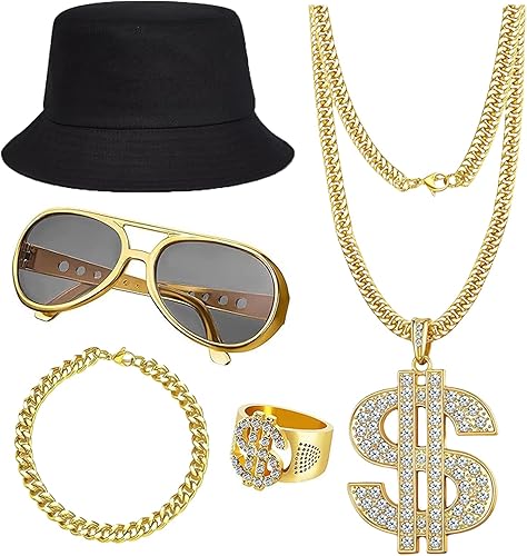 Kit de disfraz de hip hop de los años 80 y 90, accesorios de rapero, trajes de fiesta de Halloween de rapero de la vieja escuela