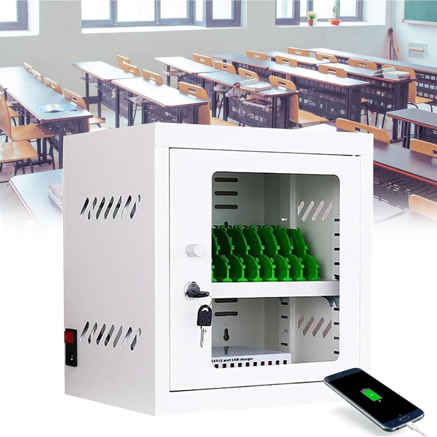 Lockable Mobile Phone Charging Station Lockers, Equipped with 6/12/20/30/40/50/60 Charging Slots, Suitable for Schools, Libraries, Classrooms and Conference Rooms. White 12Slots