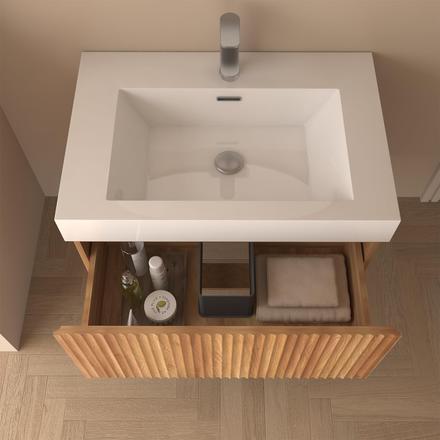 30" Floating Bathroom Vanity with Sink, Integrated SMC(Sheet Molding Compound) Basin, Soft-Close U-Shaped Drawer, Solid Wood and Plywood