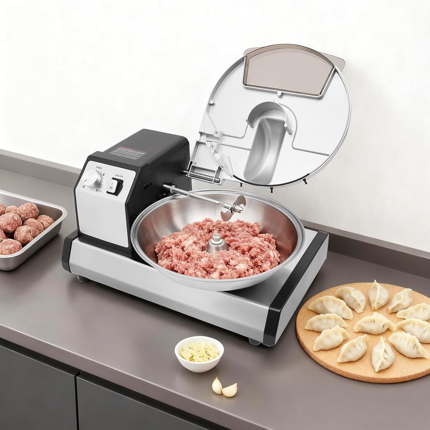 5.28QT Commercial Food Processor, 250W Dual Pure Copper Motors Meat Grinder Vegetable Chopper with 1-15min Timer, Electric Veggie Mincer for Restaurant, Canteen, Home Kitchen