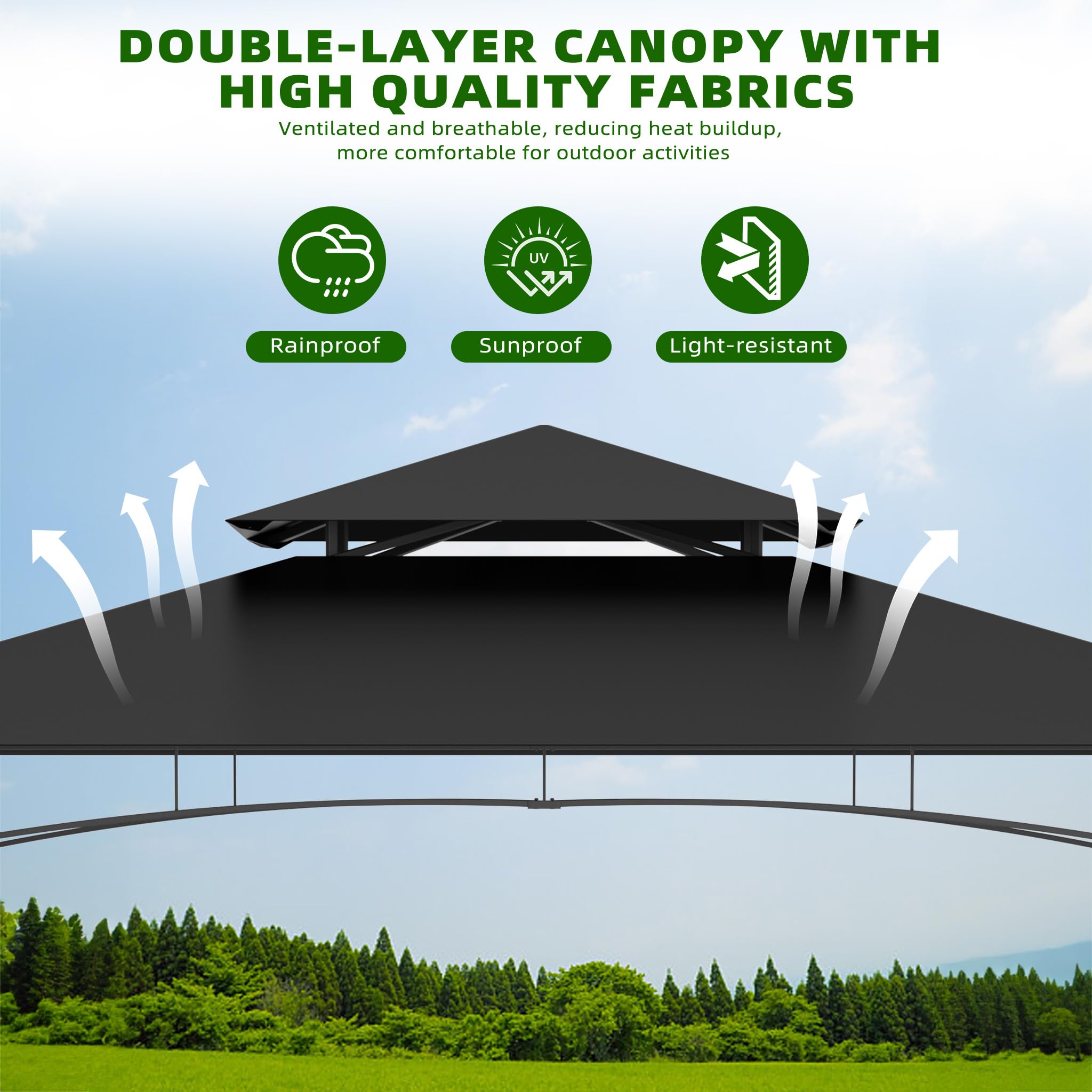 UISEBRT Gazebo per barbecue resistente all'inverno con telaio in metallo e tetto in poliestere, 245 x 153 x 250 cm, protezione da pioggia e sole, include cestino portaoggetti, gazebo per