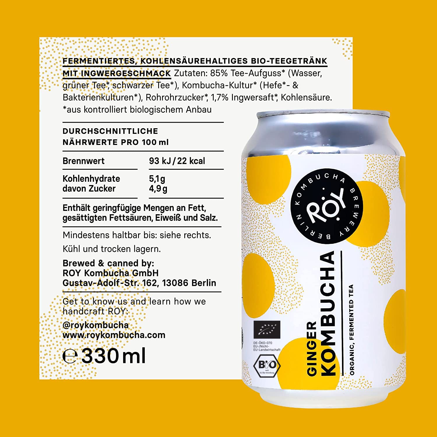 ROY Probierpaket Kombucha Bio mit 5 Sorten, 6 Dosen à 330 ml Bio Kombucha, handgefertigt in unserer Berliner Brauerei, vegan, glutenfrei, laktosefrei, 6er Pack, inkl. 1,50€ Pfand