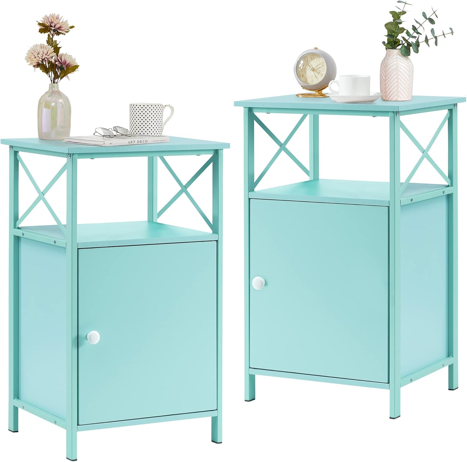 VECELO Modern Night Stand, Side Storage Sofa Couch and Living Room,Bedroom, End table with Cabinet, Light Blue/Set of 2