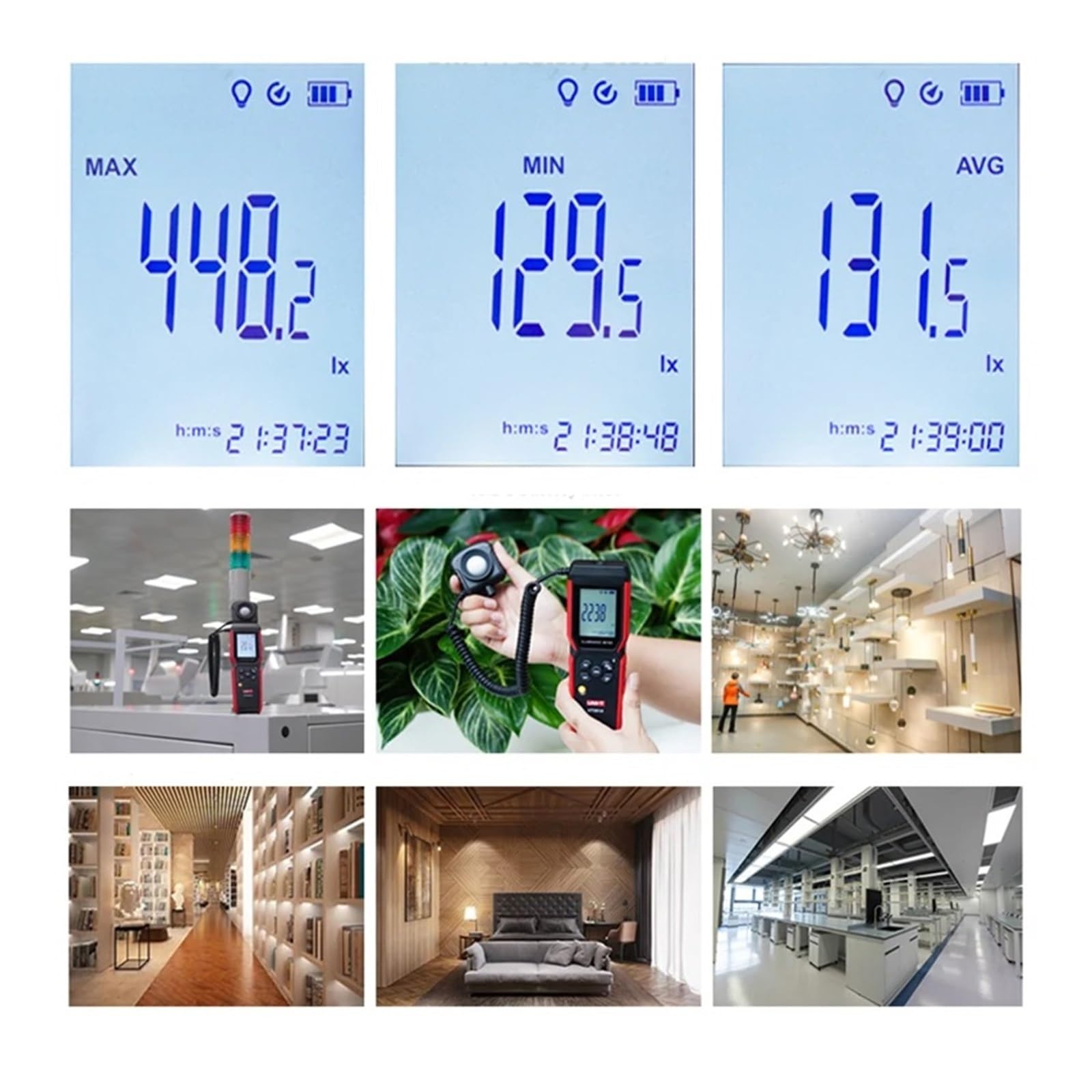 Digitaler Lichttester UT381A Illuminometer Integriertes und geteiltes digitales Lichtbeleuchtungsmessgerät 400000 Lx 37160 Fc Luxometer mit Bluetooth-App
