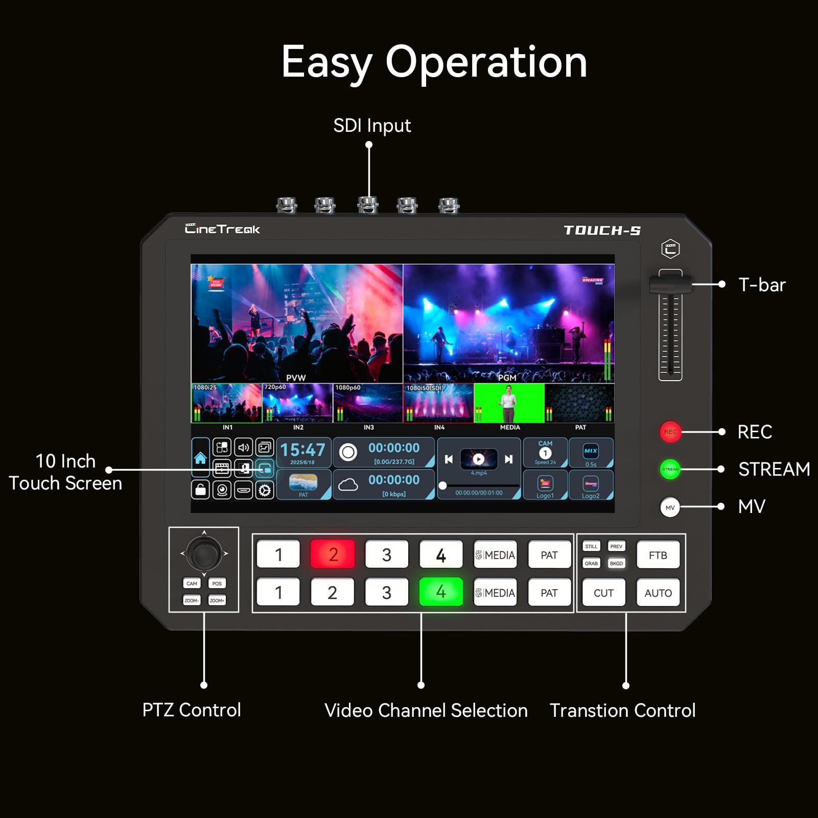Touch-S 10,1” Switcher Video Touchscreen, Mixer per Streaming Live HDMI/SDI a 6 Canali con Controllo Telecamera PTZ, Monitoraggio Multiview, Acquisizione USB, Miscelazione e Registrazione Audio