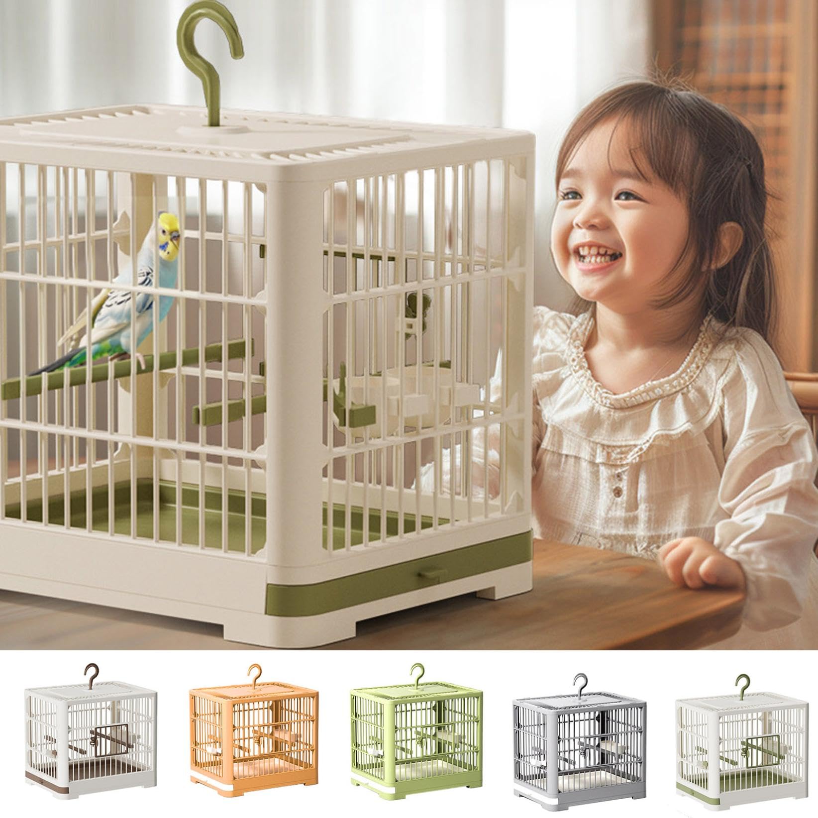 Cage de transport pour petits oiseaux, portable, légère, avec perche sur pied, pour perroquets, perruches, calopsittes, inséparables, plateau amovible et poignée à crochet (blanc et marron)