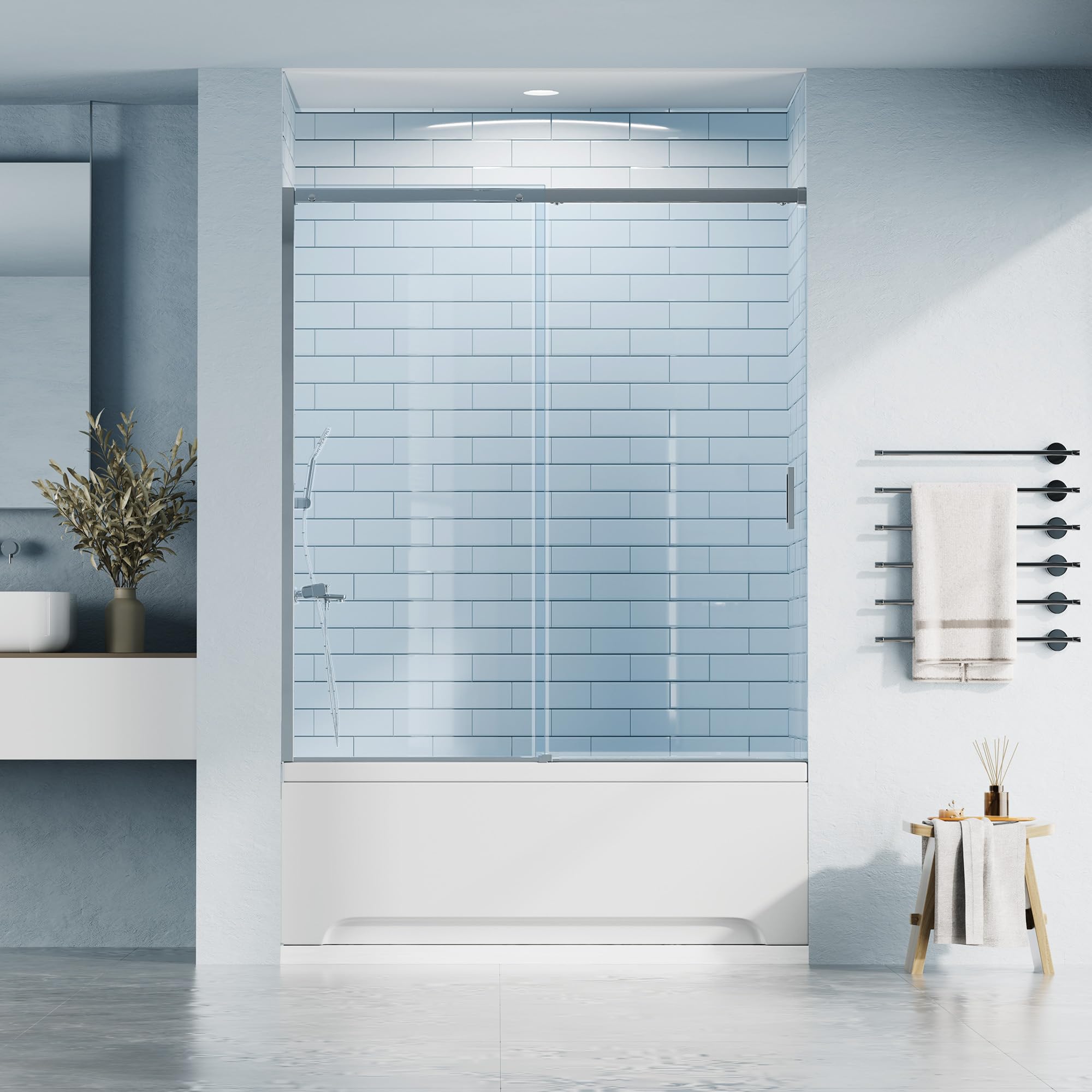 Bathbliss Semi-Frameless Shower Door, 60" W×60" H Sliding Bathtub Shower Door, 1/4" (6mm) SGCC Tempered Glass with Nano Coating, Chrome