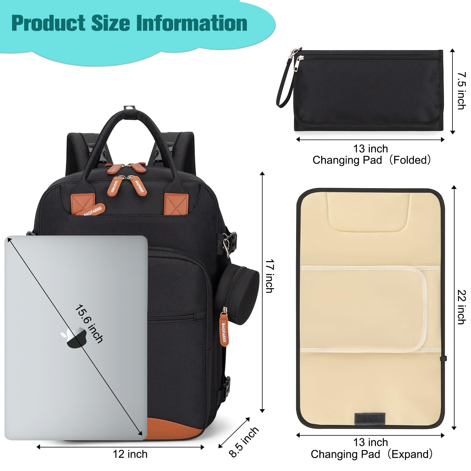 BAGPARKK Mochila para pañales, bolsas de pañales impermeables con puerto de carga USB, mochila de viaje antirrobo multifunción, Black, XL, Mochilas daypack