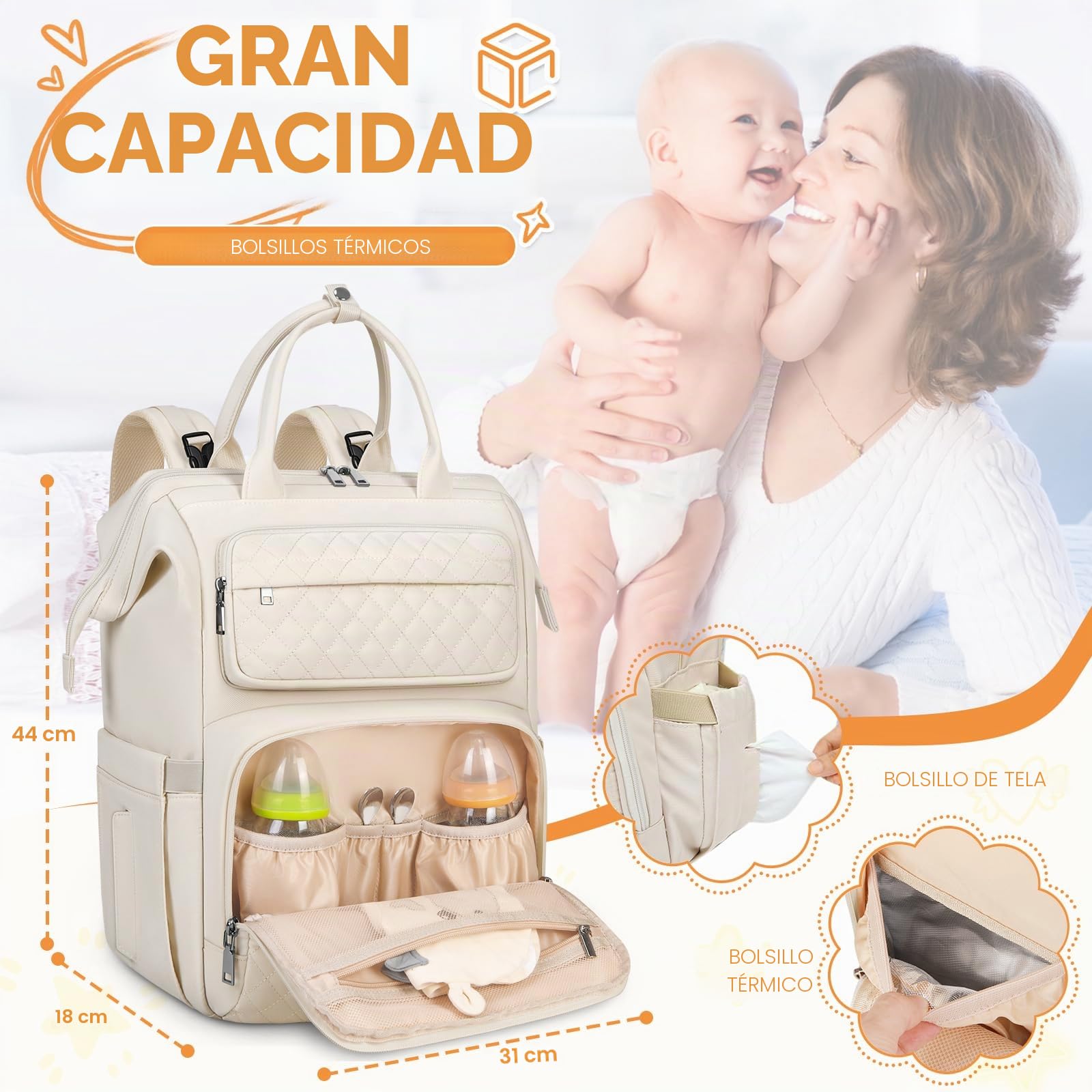 RAINSMORE Mochila Bebe Multifuncional Mochila Carro Bebe con Cambiador Portátil y Portachupete Pañaleras para Bebes Grande Mochila Cambiador para Mamá y Papá