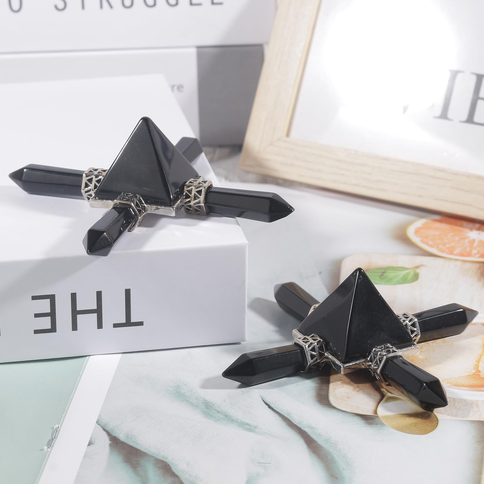 Pyramiden-Chakra-Punkte-Energiegenerator, dekorieren Reiki-Heilkristall 3.5" Black Obsidian(4 Point)-1