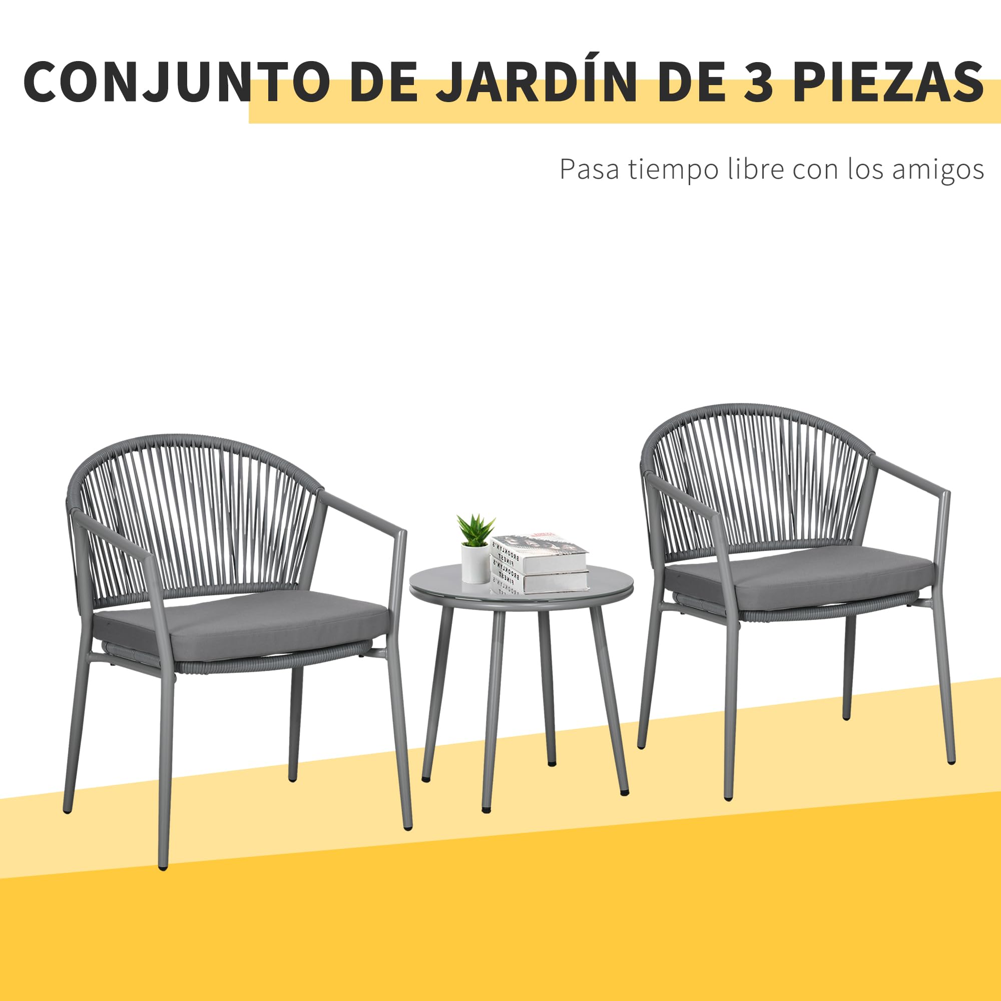 Outsunny Conjunto de Jardín Exterior de 3 Piezas Ratán para Balcón Gris | Juego de 2 Sillas y Mesa, Cojines Acolchados, Encimera de Vidrio, Terraza