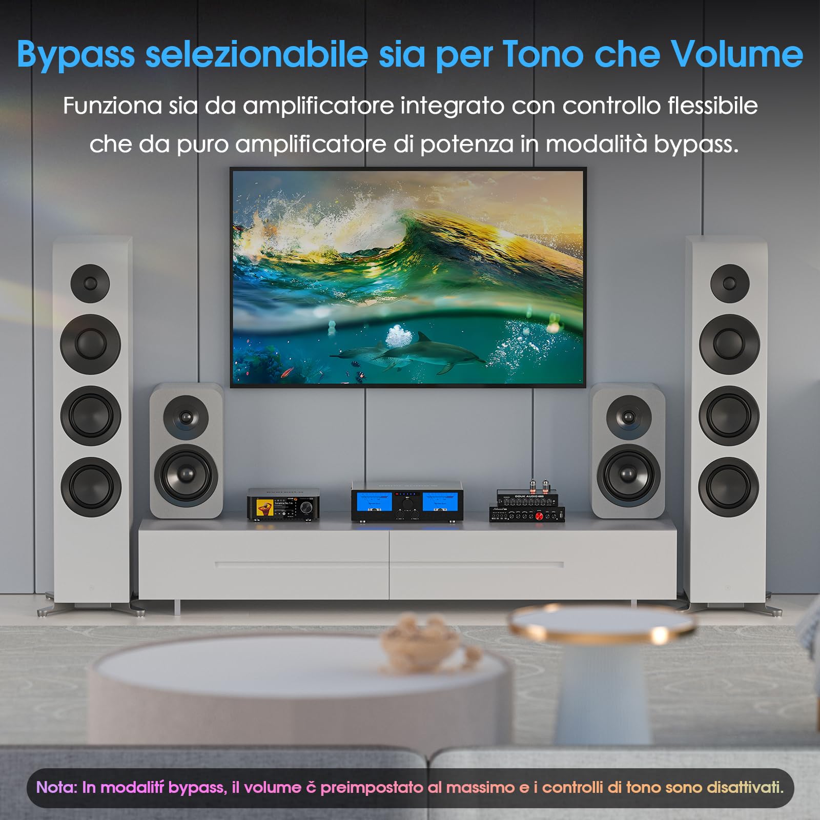 DoukAudio 600W Amplificatore a 2/4 canali: selettore altoparlanti 3-IN-2-OUT | Amplificatore digitale per DMP-A6 con doppio TPA3255 | Ingressi XLR RCA bilanciati | Bypass del tono | VU Meters |