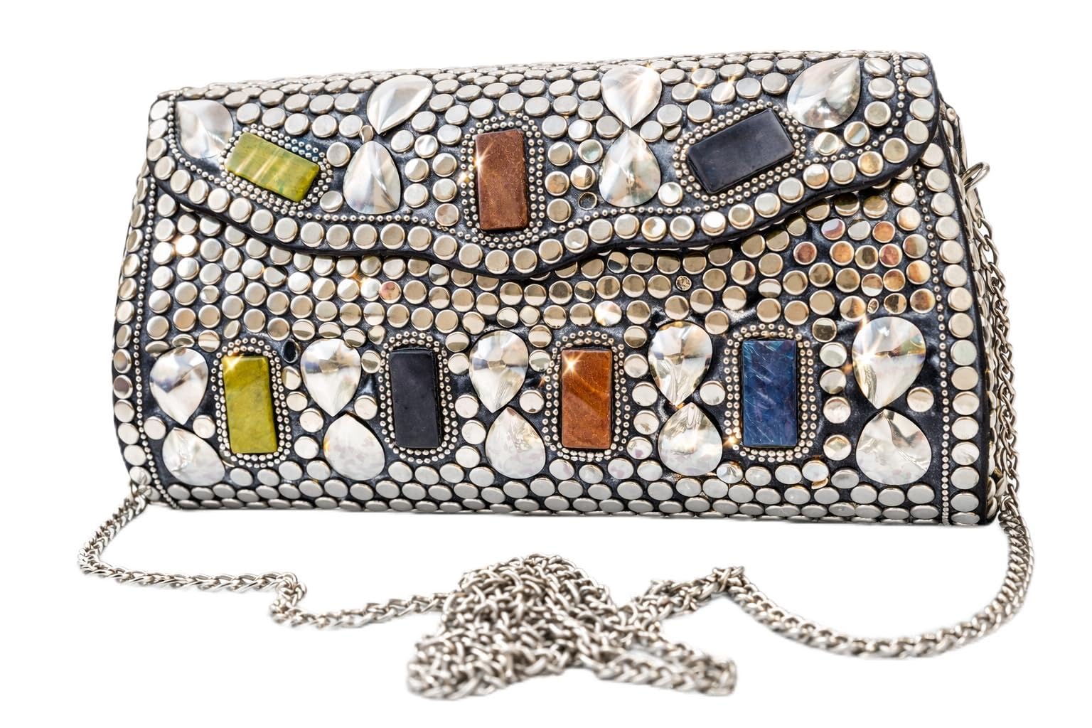 Embellished Clutch Bag with Rhinestones and Multicolour Gemstones, Silver Chain Strap, 22x12x5 cm, Evening Party Purse-image-26