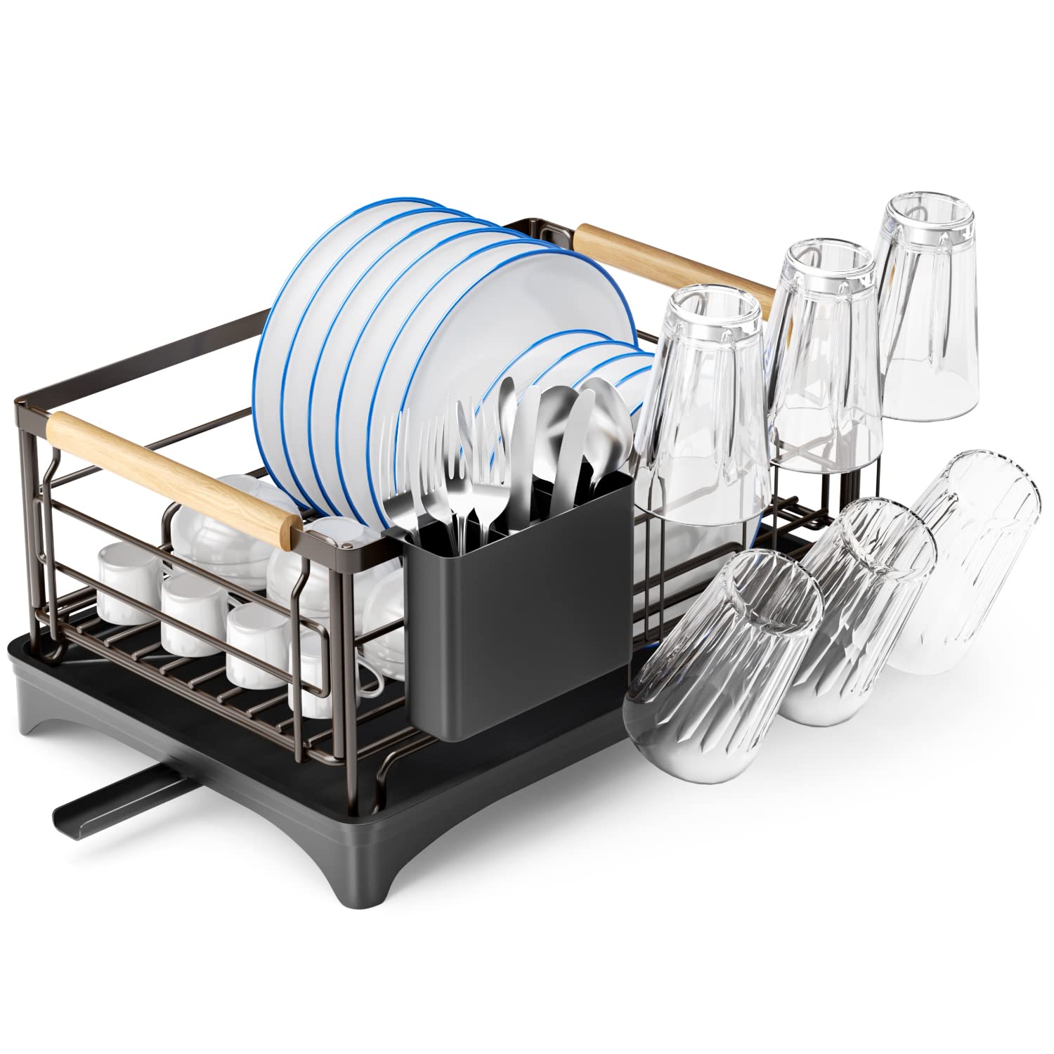 G-TINGDish Drying Rack, Dish Rack for Kitchen Counter, Rust-Proof Dish Drainer with Drying Board and Utensil Holder for Kitchen Counter Cabinet, 16.6” L× 12.6”W× 7.8”H, Bronze