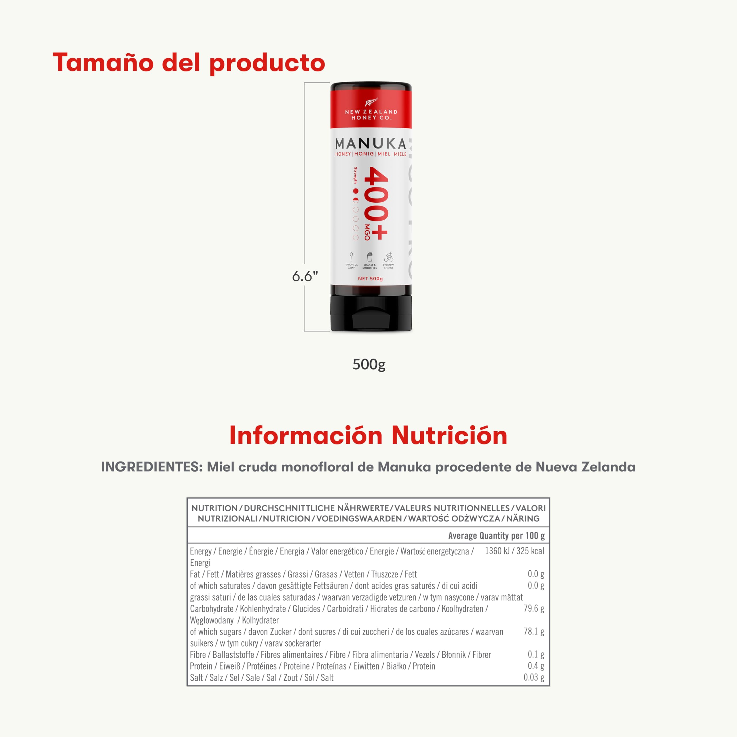 New Zealand Honey Co. Miel de Manuka MGO 400+ | Nueva Zelanda Miel 100% Pura y Saludable | 500g