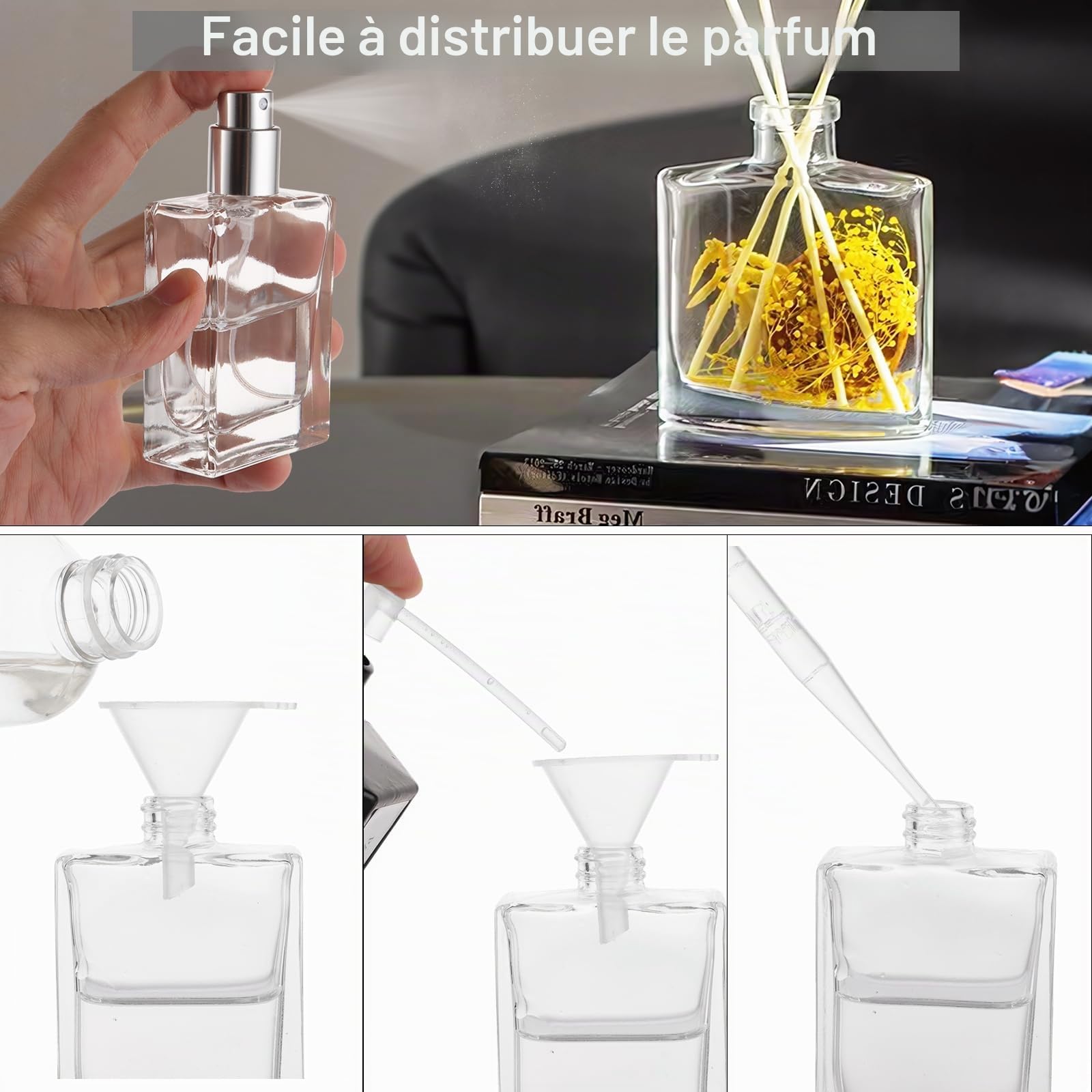 Lot de 8 Vaporisateur Parfum de 30 ml, Flacon Vaporisateur Verre pour les déplacements, flacons de parfum transparents rechargeables pour huile essentielle, argent