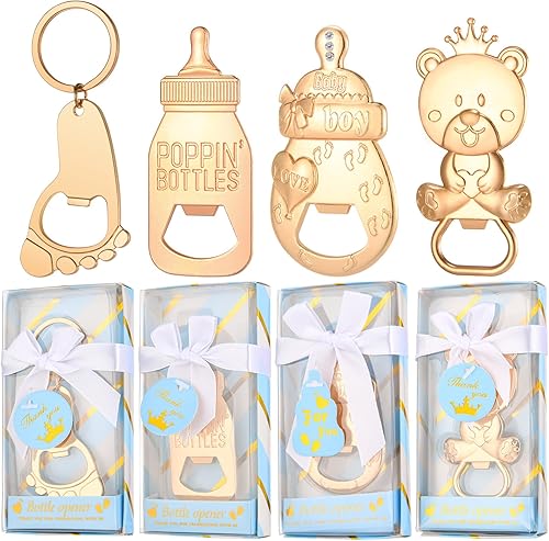 wxfdac Abrebotellas de bebé, 24 piezas, llavero con huella de oso y niño, abrebotellas con caja de regalo azul, recuerdos de fiesta de baby shower