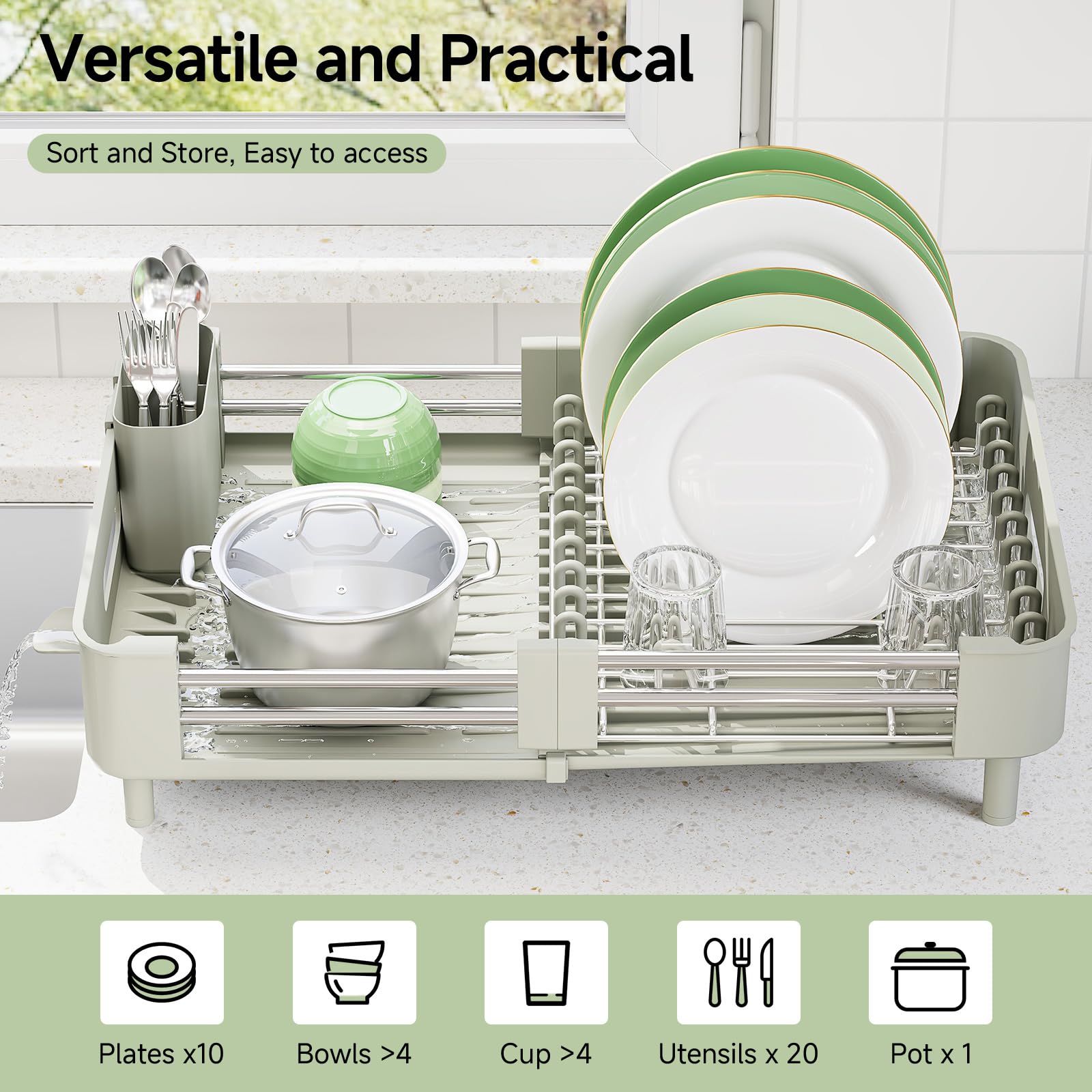 KINGRACK Scolapiatti, Grigio Bianco | Estensibile, Pieghevole, Acciaio Inox, Portaposate Rimovibile, Antigraffio