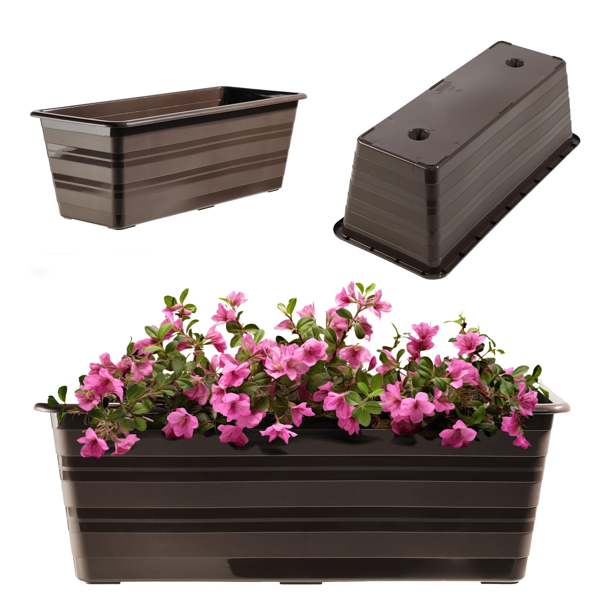 KADAX - Set con vaso fioriera da balcone in plastica, per fiori ed erbe aromatiche, robusto vaso per il balcone (set da 3 pezzi, da 60 cm, marrone caramello